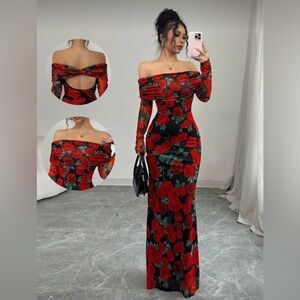 SHEIN Off-Shoulder Black and Red Backless Rose Dress